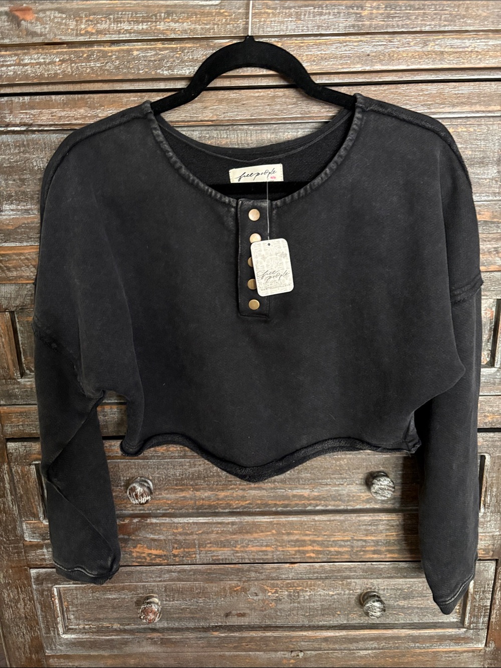 Free People Black Washed Cropped Henley Sweatshirt